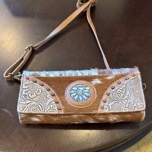 Elegant Brown and Tan Clutch with Embossed Detailing
